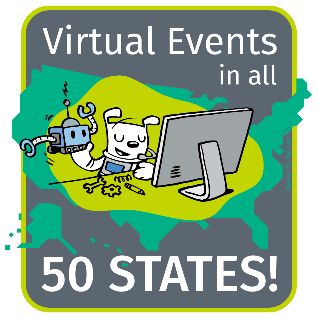 RoboWeek's tweet image. We have an exciting update - there are virtual events hosted in all 50 States!!! This means no matter where you are, you can attend a virtual #RoboWeek celebration! Instant travel + Robots = Awesome!