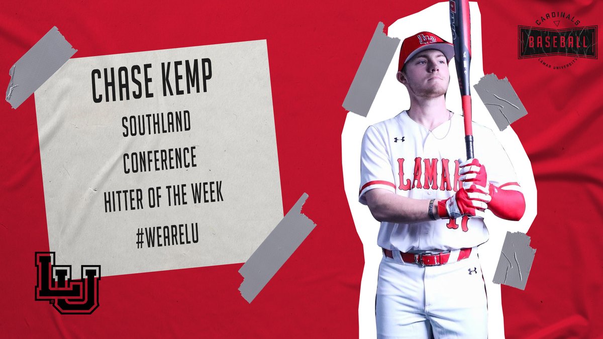 Lamar Baseball (@lamar_baseball) on Twitter photo Congratulations to LU first baseman, Chase Kemp. The Nederland native has been named Southland Conference Hitter of the Week. #WeAreLU
Hit .562, 2 HRs, 2 2B, 8 RBI, 7 R, 1.062 Slg % Congratulations to LU first baseman, Chase Kemp. The Nederland native has been named Southland Conference Hitter of the Week. #WeAreLU
Hit .562, 2 HRs, 2 2B, 8 RBI, 7 R, 1.062 Slg %