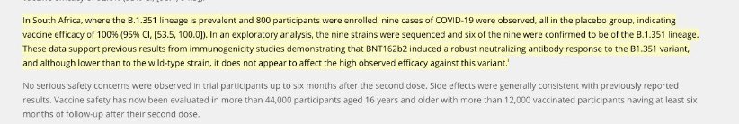 La variante B.1.351 (sudafricana) contiene la mutazione E484K (Eek) della quale tanto sentire parlare in questi giorni. Il vaccino Pfizer sembra essere molto efficace contro di essa. Basta varianterrorismo.