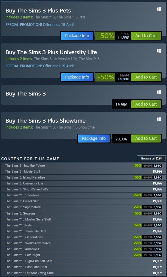 Sims 3 and some packs are on sale on Steam! 
I REPEAT - SIMS 3 STEAM SALE!!! #TheSims #TheSims3

store.steampowered.com/app/47890/The_…