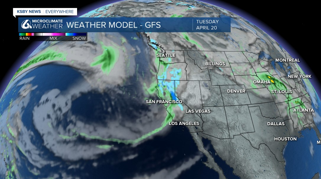 Rain chances look pretty thin in the modeling today for the Central Coast, you have to do to the end of the run to find anything and as math dictates the further you are from the beginning point of modeling the more speculative it gets.  Not optimistic.