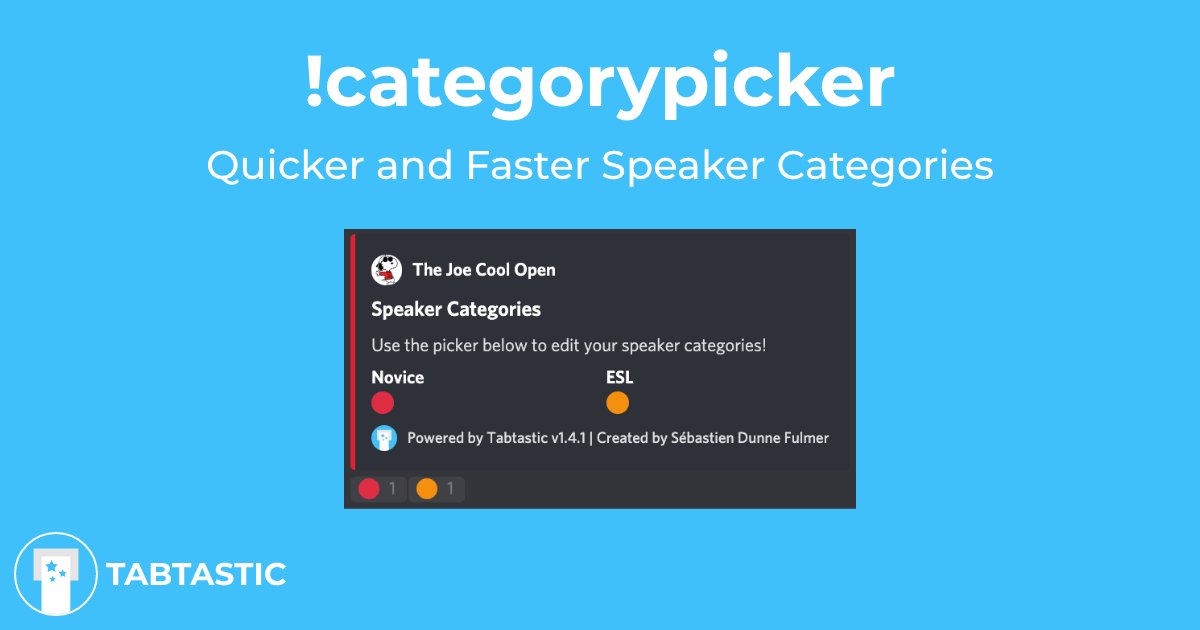 TabtasticApp's tweet photo. Introducing our first #TabtasticExperiment, The Category Picker!

Live now for all tournaments, the Category Picker allows your participants to quickly select their speaker categories. This is especially useful for tournaments using manual reg! https://t.co/RjkYVyLELg
