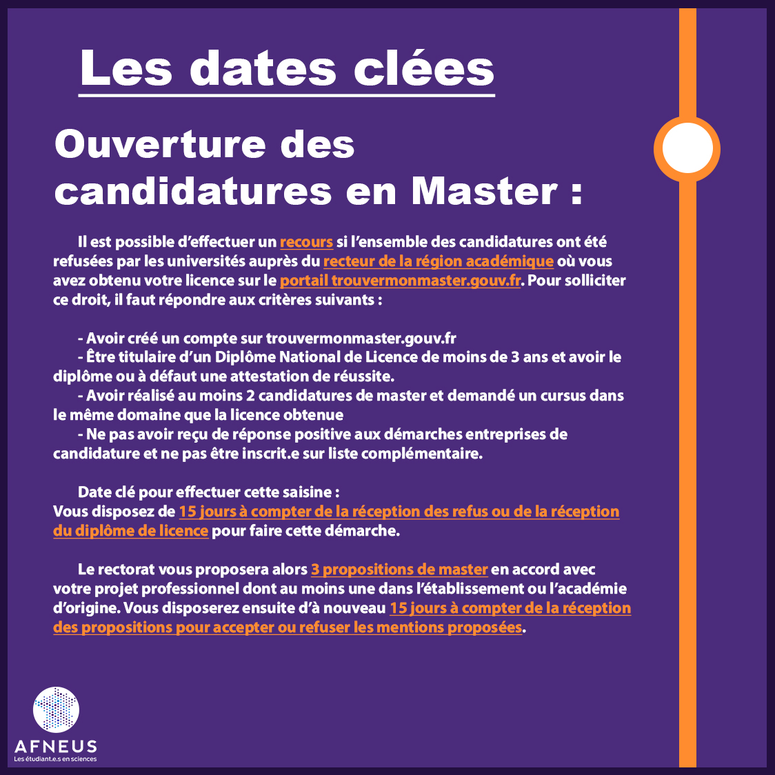 [CANDIDATURES EN MASTER]

Depuis le mois de mars, et jusqu'à mi-septembre pour certains masters, les candidatures d'admissions sont ouvertes sur e-candidat, d'autres plateformes selon les universités.
Retrouvez ci-dessous un récapitulatif des points importants ⬇️⬇️⬇️