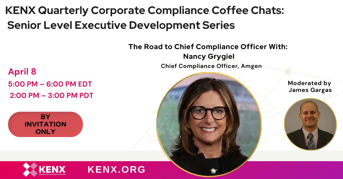 JamesGargas's tweet photo. I'm honored to be interviewing Nancy Grygiel, #chiefcomplianceofficer of #amgen later this week about her road to becoming #chiefcomplianceofficer. Thank you, Nancy, for being a #trailblazer, again, this time leading the way in #KENX's Senior Level Executive Development Series! https://t.co/42mOfCfQqs