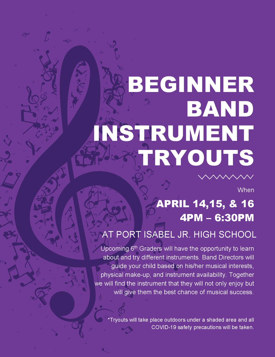 PointIsabelISD's tweet photo. 🥁PIJH Beginner Band News🎷
 Upcoming 6th graders will have the opportunity to learn about and try different instruments to give them the best chance of musical success. For more information, contact the PIJH Music Department at (956)943-0068. https://t.co/D87X3GkAjS