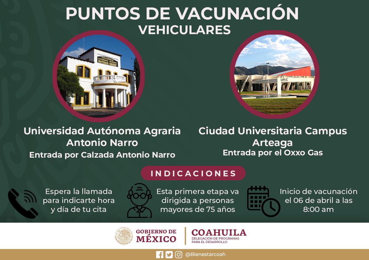 Comparto los puntos de vacunación en #Saltillo. 

Como siempre, pedimos estar atentos al llamado de los Servidores de la Nación para agendar, evitar riesgos y molestias. ¡Pronto saldremos de esta! #Coahuila.