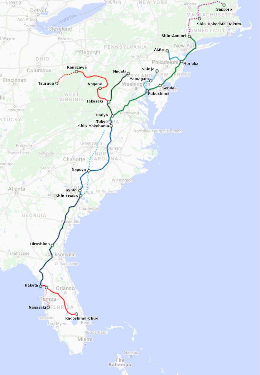 Following with the theme of overlaying overseas HSR on maps of the US: the US East Coast x Shinkansen

Took the liberty of pivoting the network at Tokyo to follow the US coastline.

Population is about the same for both: around 100m

<a href="/alon_levy/">@alon@mastodon.social/@alonlevy.bsky.social (they)</a>