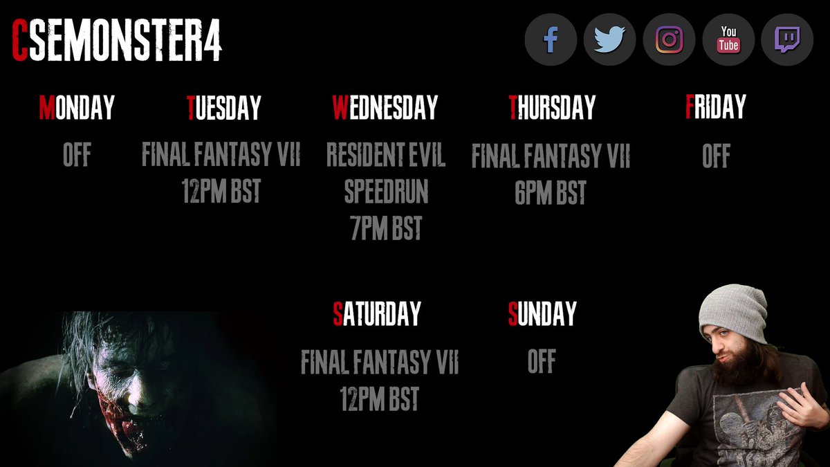 MonsterTheMash's tweet photo. Hi Twitter,
You ask for a schedule, I give you a schedule.
Kind regards,
CsemonsterFOOF
P.S. I love you KEKW
#twitch #schedule #FinalFantasy #FinalFantasyVII #hundo #ResidentEvil #speedrun #ratJAM https://t.co/nTmzCZWEli