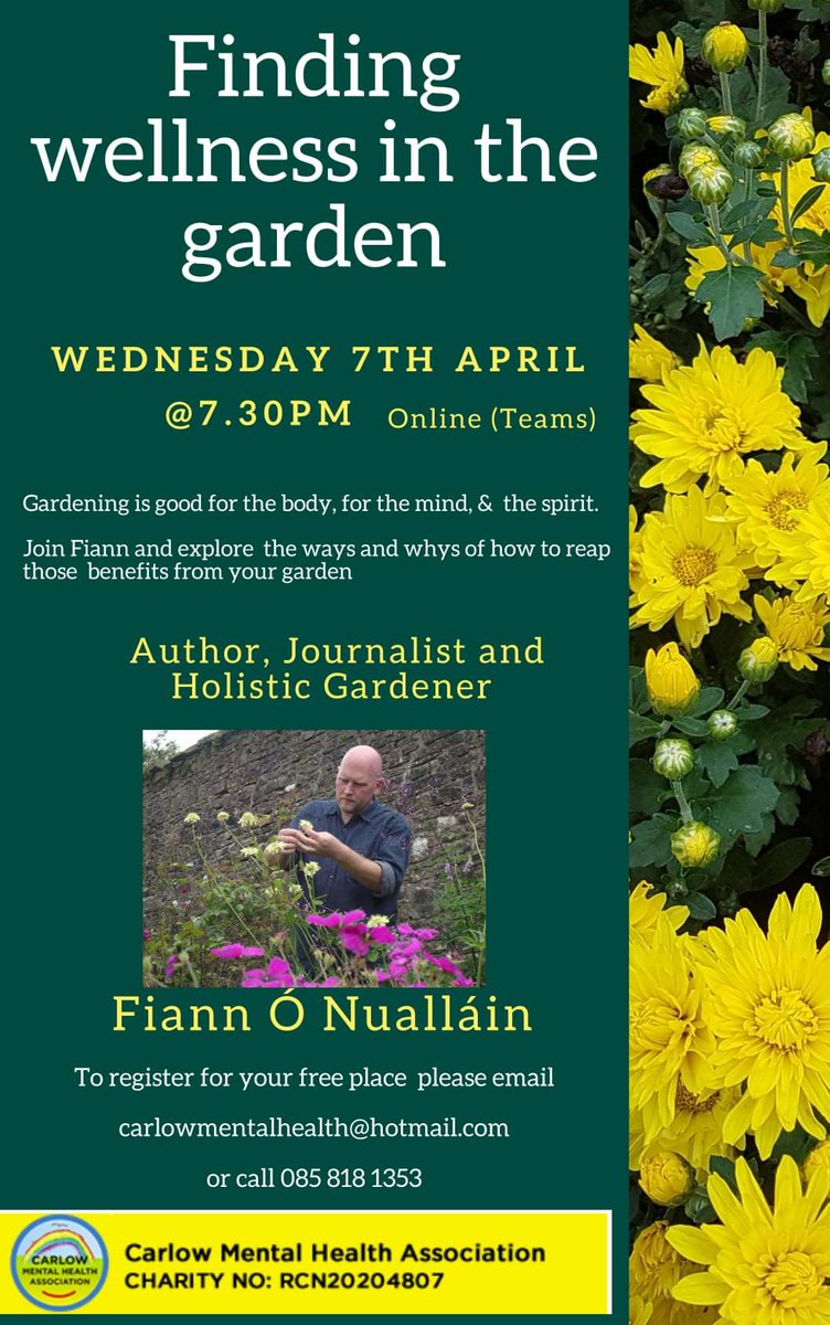 JannetteKOB's tweet image. Wednesday @7.30pm email carlowmentalhealth@hotmail.com #welness #gardening #biodiversity @NationalSpringC @EPAIreland @BioInSchools @VisualCarlow @MentalHealthIrl @angairdinbeo @CarlowPPN
