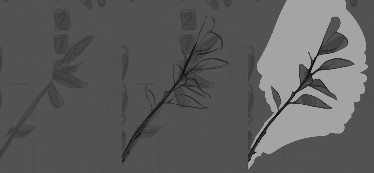 this is like the most BASIC thing, but one way I tamp down that urge to polish my lineart at an early stage (especially in rough concept art that doesn't NEED it) is to draw in loose lines over the sketch, and then mask out the negative space instead of filling in the positive: