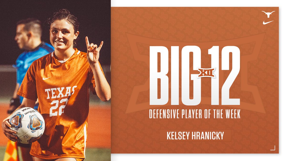 TexasSoccer's tweet photo. Also congrats are due to freshman @Kelseyhranicky for her first career selection as the Big 12 Conference Defensive Player of the Week! 🤘

⚽️ Played all 90 minutes in the backline and dished her first career assist during the 4-0 road win at Baylor

📰: https://t.co/EeMcwxhpQY https://t.co/0kv515w8fb
