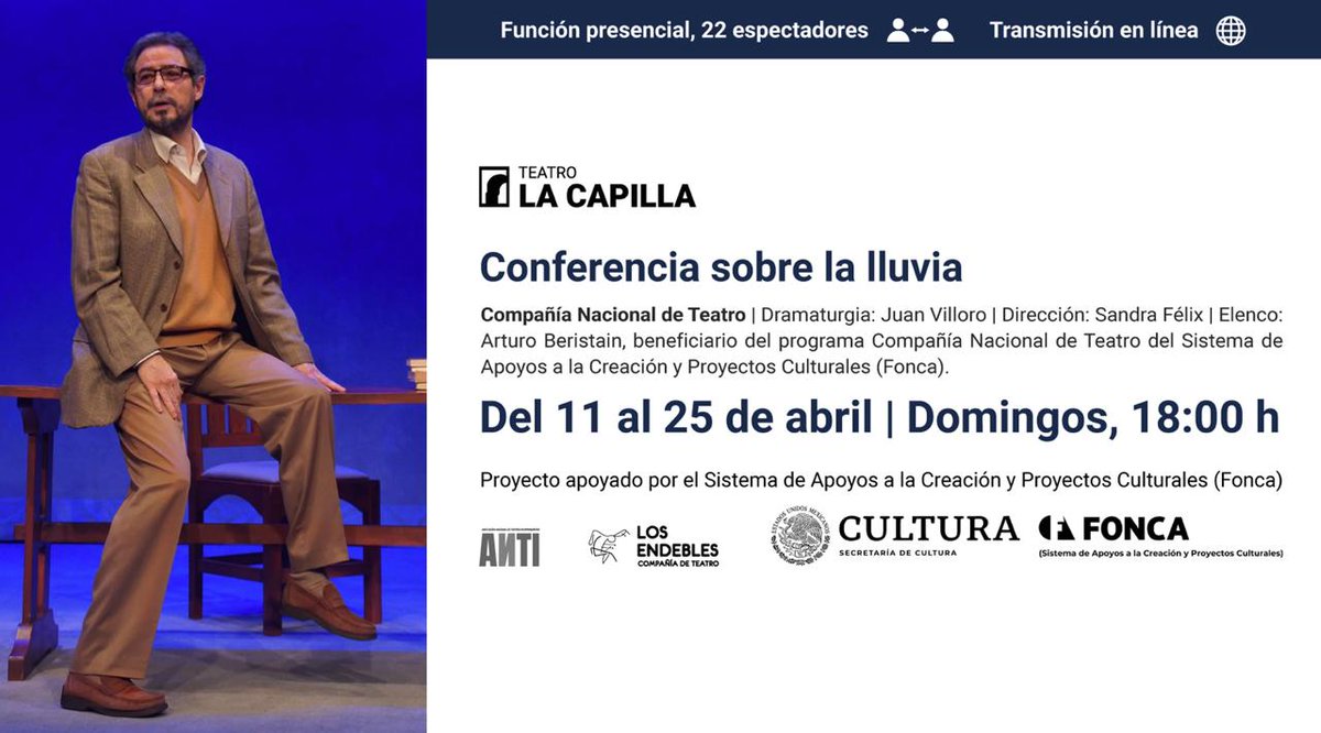 JuanVilloro56's tweet photo. Vuelve el teatro!!! 22 espectadores con sana distancia y transmisión en streaming, 3 domingos 3!!! https://t.co/iiMZ4SnE1k