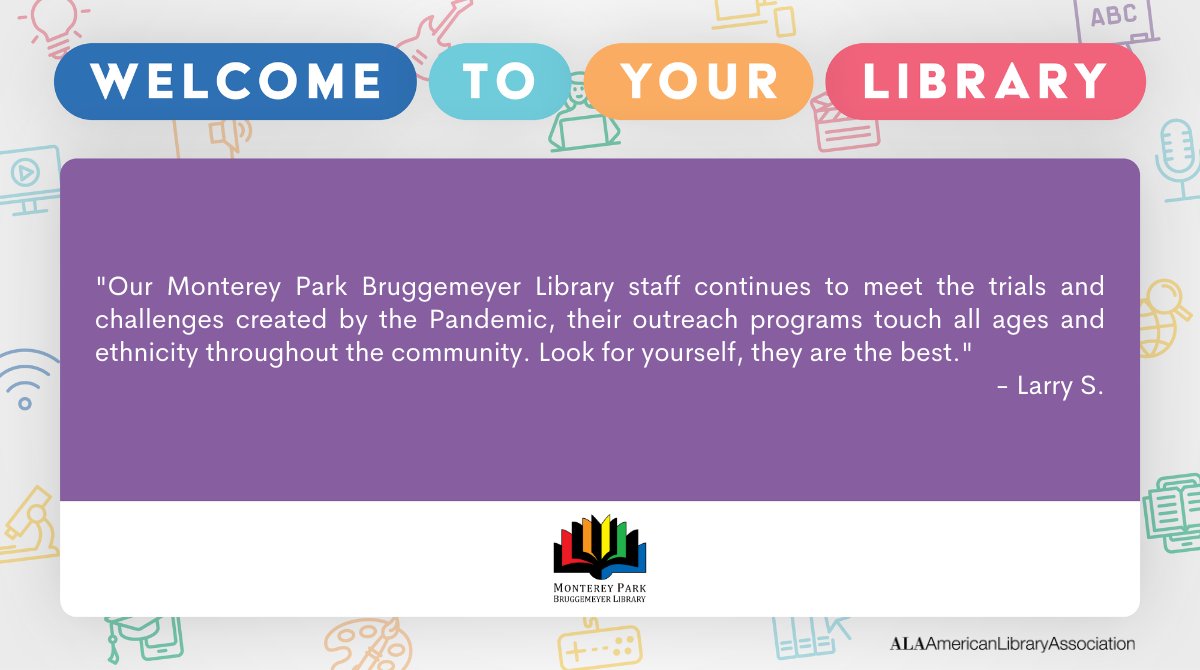 MontereyParkLib's tweet photo. Larry S. loves #MPKLib because "staff continues to meet the trials and challenges created by the Pandemic, their outreach programs touch all ages and ethnicity throughout the community. Look for yourself, they are the best."
Thanks for sharing your #librarylove, Larry! https://t.co/4NILlDiz5a