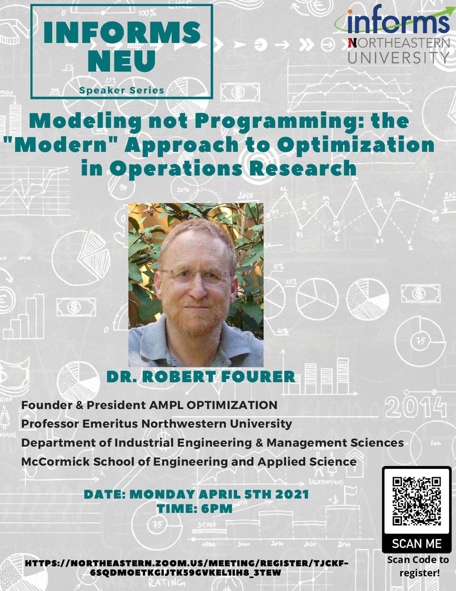 INFORMSNEU's tweet photo. Modeling, not Programming:

Dr. Robert Fourer from Northwestern University invented the widely used AMPL modeling language for optimization.

He will be giving a lecture TONIGHT at 6:00 PM EDT.

You can click https://t.co/Q5MkhB0dR2  or scan to register.

Welcome to join! https://t.co/JDyENOlzbg