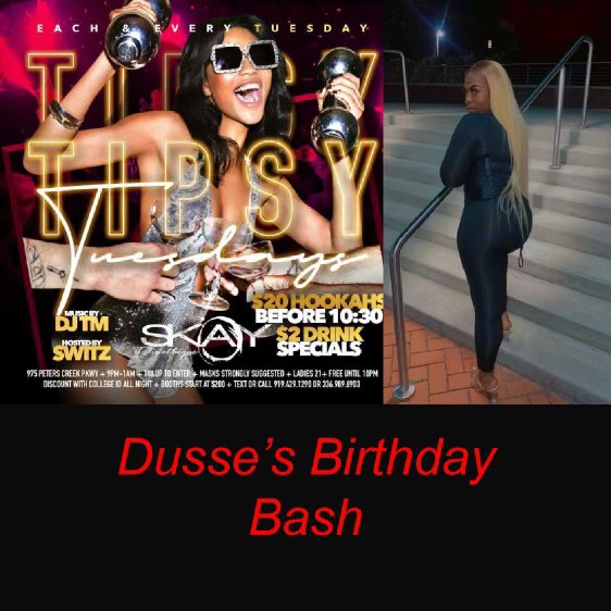 🗣 COME GET LITTY W/ <a href="/JUICEKREWENT/">JUICEKREW</a> FOR #TIPSYTUESDAY
 EARLY ARRIVAL IS A MUST ✅

WHERE MY ARIES AT 👀

DOORS OPEN @ 9:00PM

‼️LADIES 21+ 🆓 TILL 10:00PM‼️

💥DISCOUNT W/ COLLEGE ID ALL NIGHT
🌬$20 HOOKAH BEFORE 10:30 
ITS 🆙

(DM FOR MORE INFO)