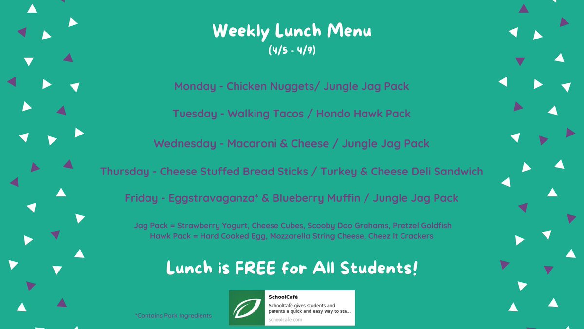 What's for lunch? 👀🍽

Check out this week's lunch menu! ⬇

You can find all school meal menus online here: ow.ly/tioN50Eh4NI