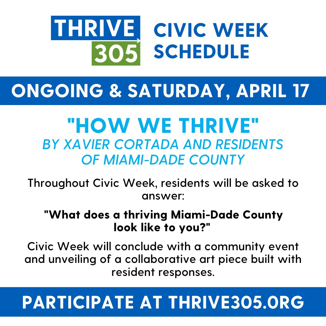 What does a thriving Miami-Dade County look like to you? <a href="/MayorDaniella/">Daniella Levine Cava</a> &amp; <a href="/Thrive305/">Thrive 305</a> want to hear from you this #CivicWeek, April 10-17. Head to thrive305.org to learn more and join in on community conversations about health, housing, transit, public safety, and more.
