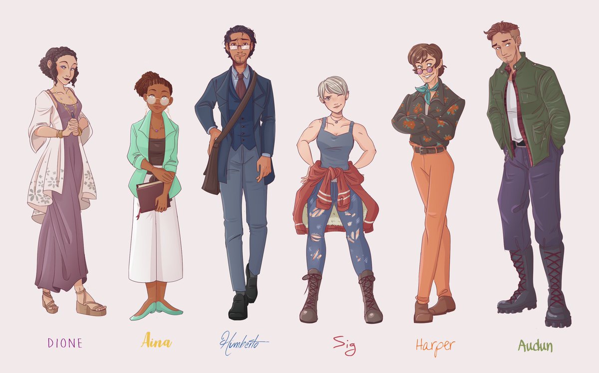 You've seen me and @missnnobodius fabulous OC's for #Newagecryptozoology &amp; now I present a sneak peak at their personalities from left to right:
Sassy but hospitable wine aunt, sweet &amp; Girly witch, dorky cynic, maternal tough girl, feminine himbo, and husky cinnamon roll 💗