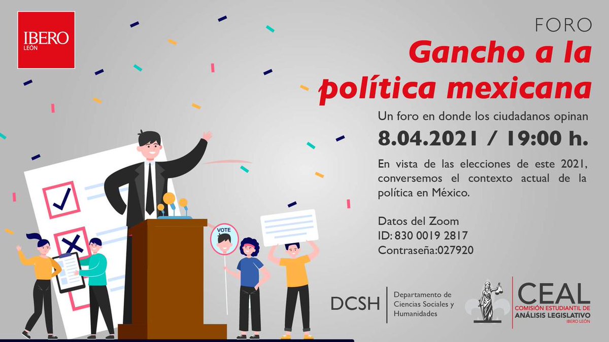 ceal_iberoleon's tweet photo. ¡Se vienen las elecciones y tu participación como ciudadano es muy importante! 🗳 Conéctate este jueves a nuestra primera edición del foro “Gancho a la Política Mexicana” y únete al conversatorio que tendremos acerca de las elecciones 2021 
#participacionciudadana #elecciones2021 https://t.co/CW9biuONs0