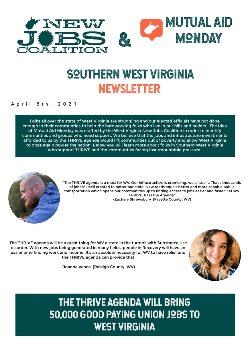 NewJobsWV's tweet photo. Mutual Aid Monday - Southern WV Newsletter

Folks all over the state of WV are struggling. Our elected officials have not done enough to help the hardworking folks who live in our hills and hollers. 
#MutualAidMonday #TimeToTHRIVE #JobsAndCare
Text WVJOBS to 30403 to take action https://t.co/l9AAfJEY00