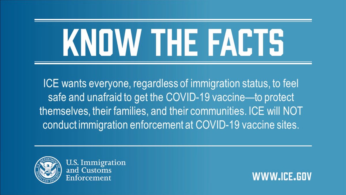 ICE wants everyone, regardless of immigration status, to feel safe and unafraid to get the #COVID19vaccine—to protect themselves, their families, and their communities. ICE will NOT conduct immigration enforcement at COVID-19 vaccine sites. Learn more: xsm.link/l1kt4c