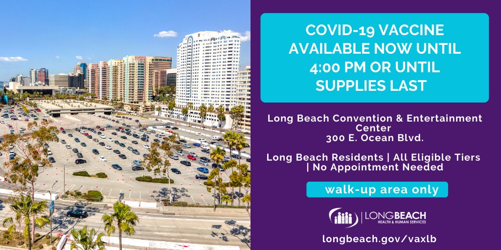 ⚠️ ATTENTION ⚠️
400 COVID-19 vaccines available now (Mon 4/5) until 4:00 or until supplies last.

Terrace Theater walk-up area only. 
Long Beach Residents - All eligible tiers.

FREE parking in the Terrace Theater Structure, enter off Collins Way.

Map: buff.ly/3uvtgl3