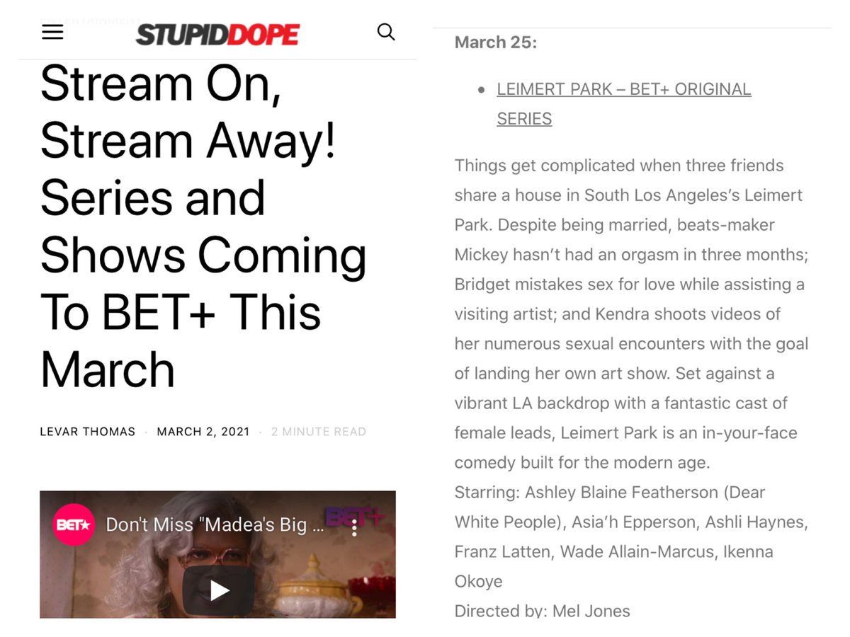 LeimertSeries's tweet photo. Thanks to @LevarThomas of @StupidDope for including us in the monthly roundup! We've been streaming on @BETplus for 1 week -- have you tuned in yet? #LeimertSeries https://t.co/MrRAvcQQVa