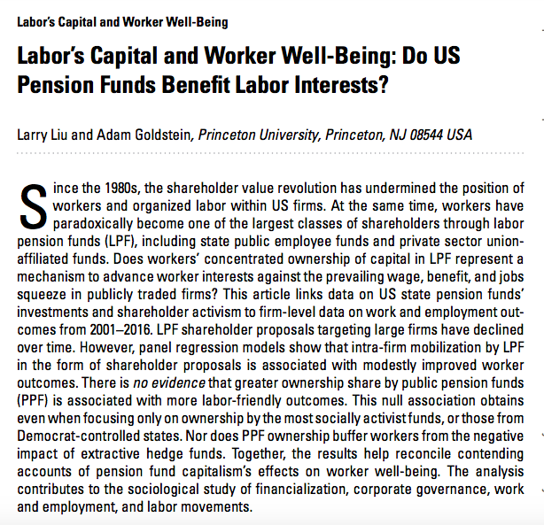 In an advance article, Larry Liu and Adam Goldstein (@PUSociology) find that '[t]here is no evidence that greater ownership share by public pension funds (PPF) is associated with more labor-friendly outcomes.' ow.ly/pENe50EgYwL