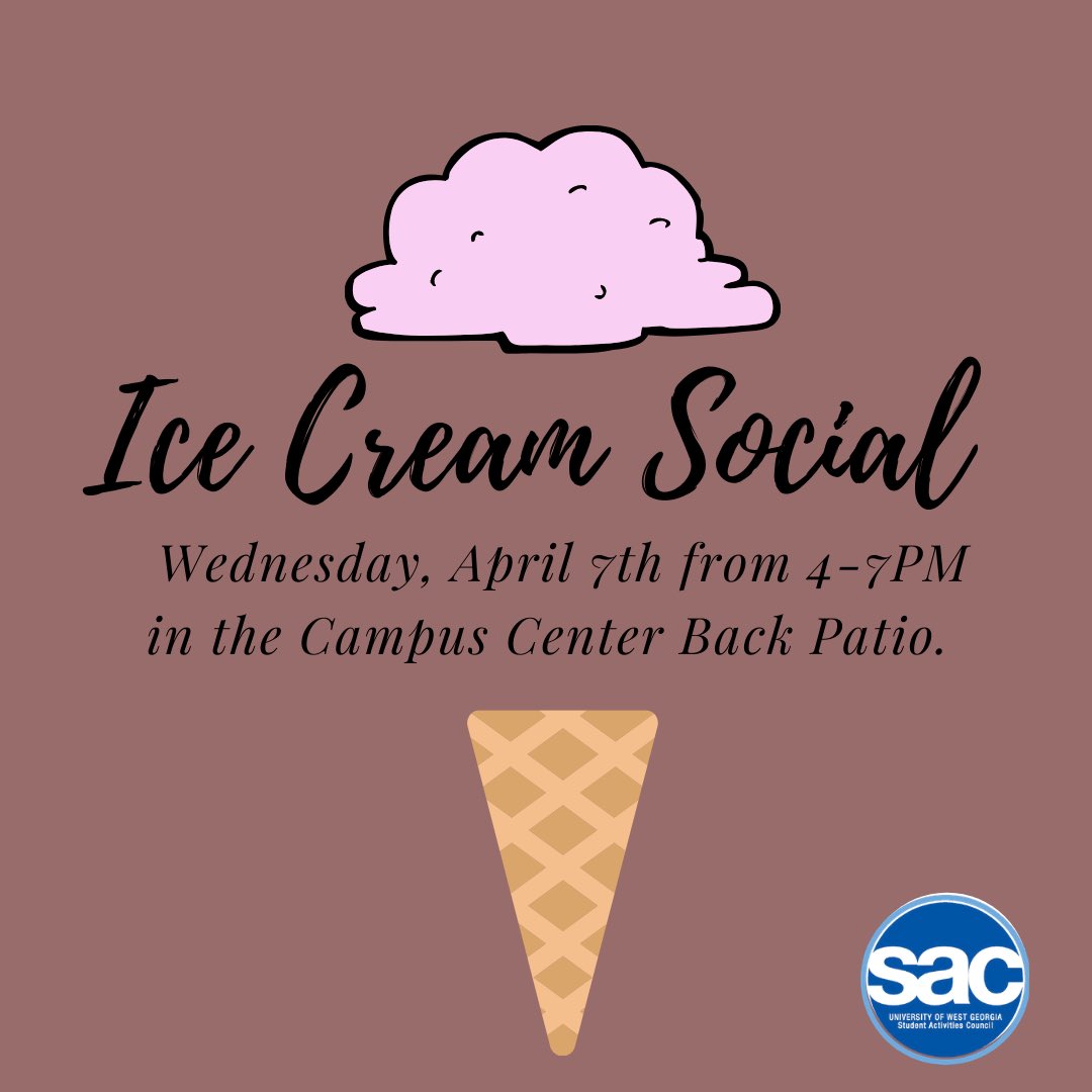 Join us for an Ice Ceam Social where we will chill out, socialize and eat ice cream. Come out this Wednesday, April 7th from 4-7pm by the Campus Center back patio. We can’t wait to see y’all there! #uwg #uwg21 #uwg22 #uwg23 #uwg24