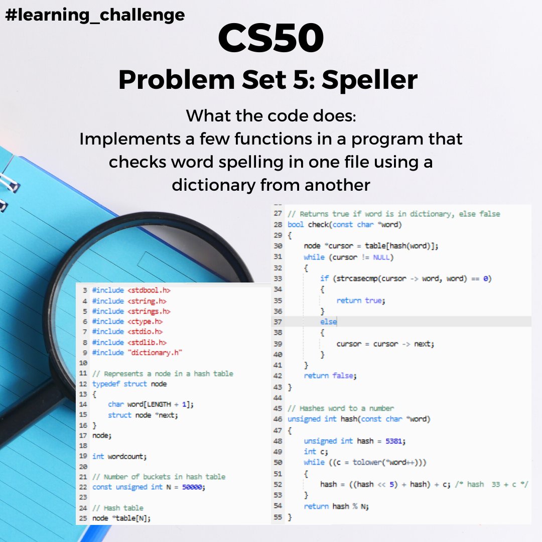 Dziyana9's tweet image. This was the last week of #cs50 online course dedicated to C language. Next week I'm coding in Python😜
P.S. The hash function was not written by me. It's some popular djb2 function I found on the Internet.
#learning_challenge #learningprogramming #learntocode #computerscience