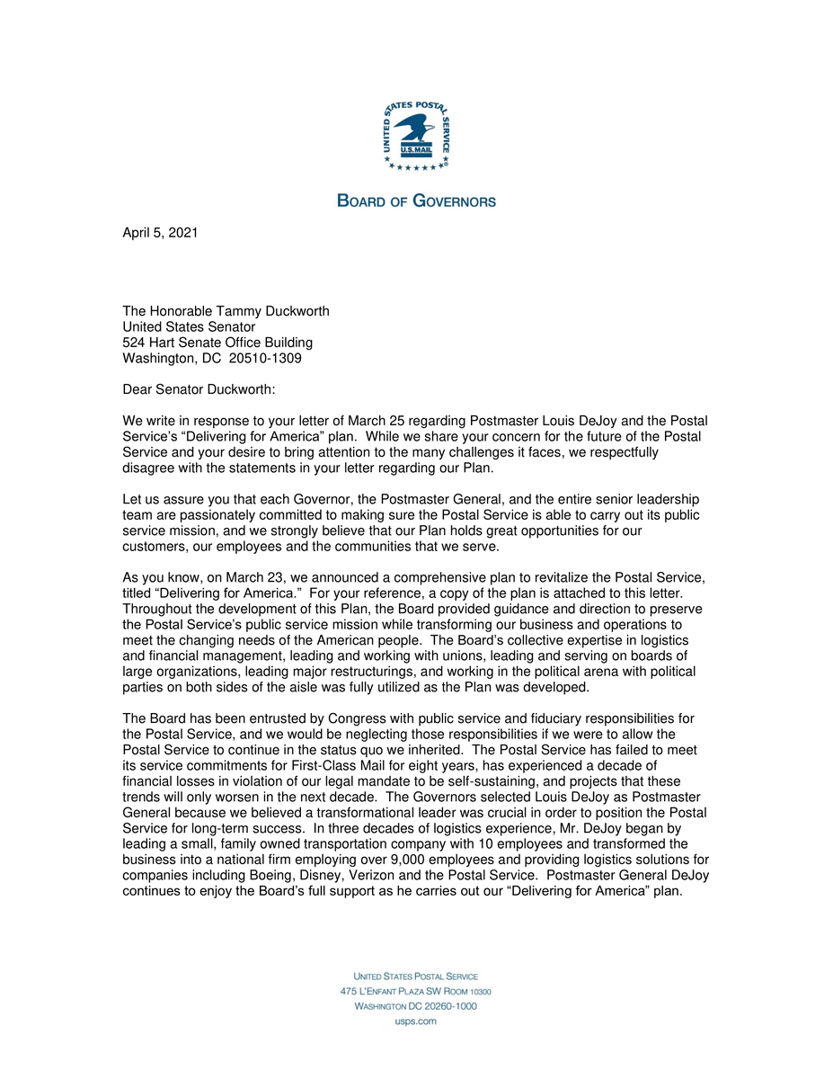 Screenshot of a letter received by U.S. Senator Tammy Duckworth from USPS Board of Governors.