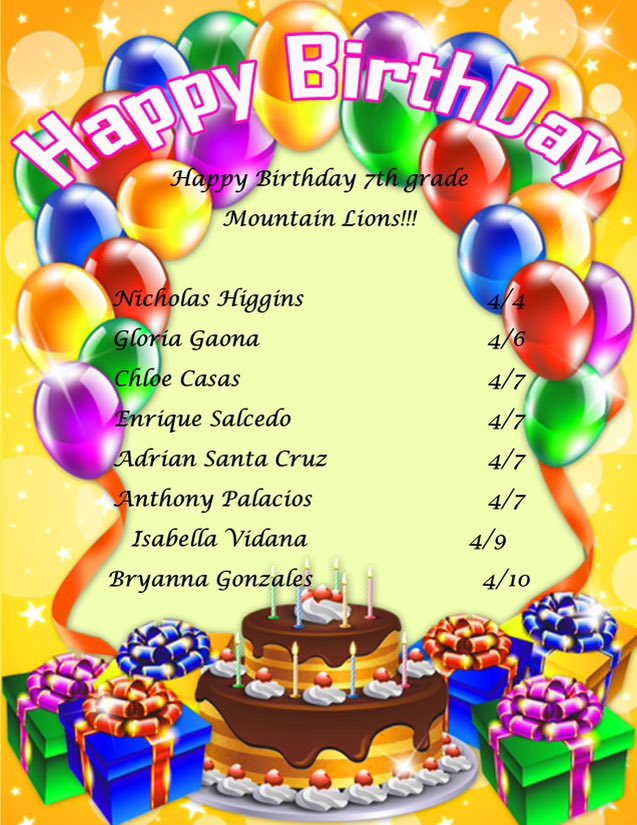 nqaqish1's tweet photo. Happiest birthdays to our MLMS Mtn Lions for this week 4/4-4/10/21 🎊🎉 please enjoy your special days and stay safe 🙏 @MiraLoma_Middle https://t.co/8pwIbHvZ2b