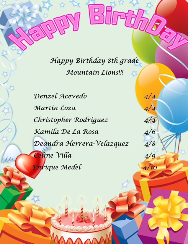 nqaqish1's tweet photo. Happiest birthdays to our MLMS Mtn Lions for this week 4/4-4/10/21 🎊🎉 please enjoy your special days and stay safe 🙏 @MiraLoma_Middle https://t.co/8pwIbHvZ2b