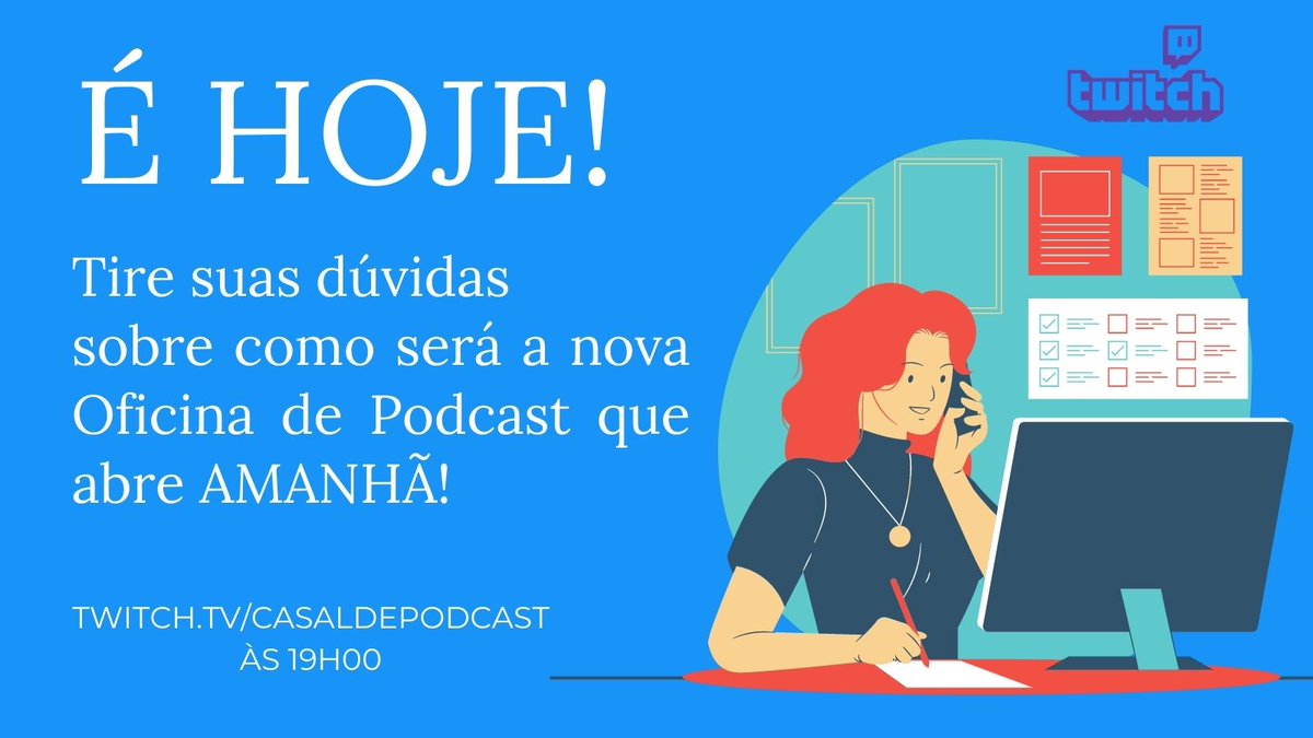 Vem com a gente hoje na live para saber mais como será o nova oficina de podcast que abre amanhã!

É na twitch.tv/casaldepodcast às 19h00!!!od