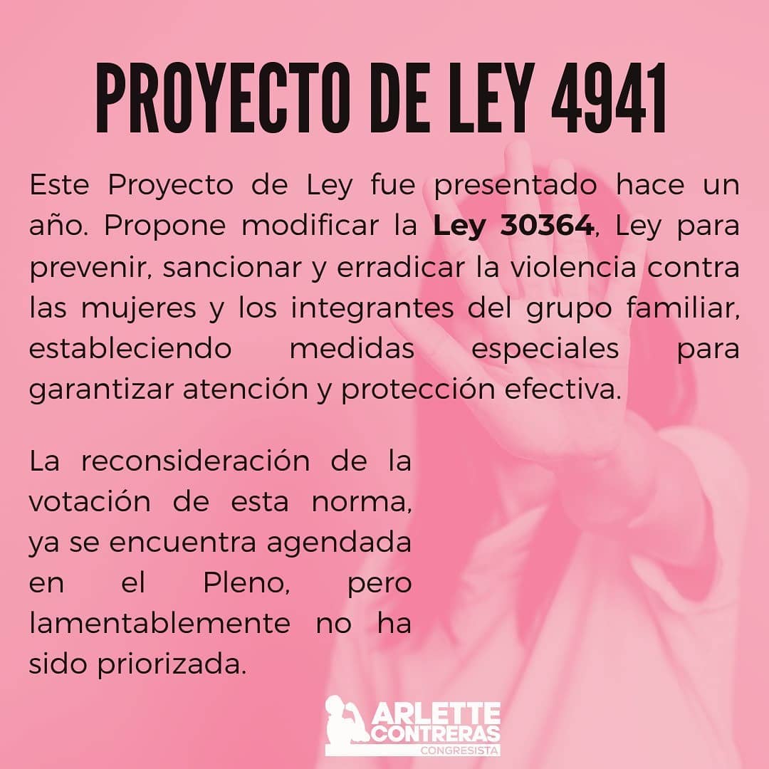 arlettecontrers's tweet photo. Exigimos a la Mesa Directiva del @congresoperu priorizar la VOTACIÓN DE LA RECONSIDERACIÓN del Proyecto de Ley 4941, que, debido a un error de forma en el texto de la autógrafa, fue observada...(1/4)
#PL4941
#MedidasDeProtección
#MujeresSeguras
#AgendaMujer💪 https://t.co/nz0CSgIRXk