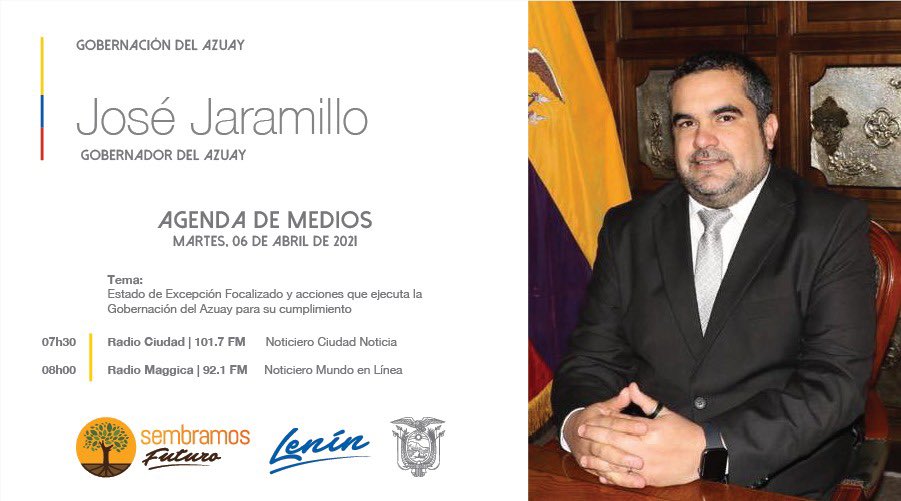 🎙#AgendaDeMedios 

Les comparto las entrevistas que tendré el día de mañana a través de <a href="/RadioCiudad1017/">Radio Ciudad 101.7 FM</a> y @m921radio.

Estaremos dialogando sobre el Estado de Excepción Focalizado y las acciones que ejecutamos desde la <a href="/goberazuay/">Gobernación del Azuay</a> para dar cumplimiento, entre otros temas.