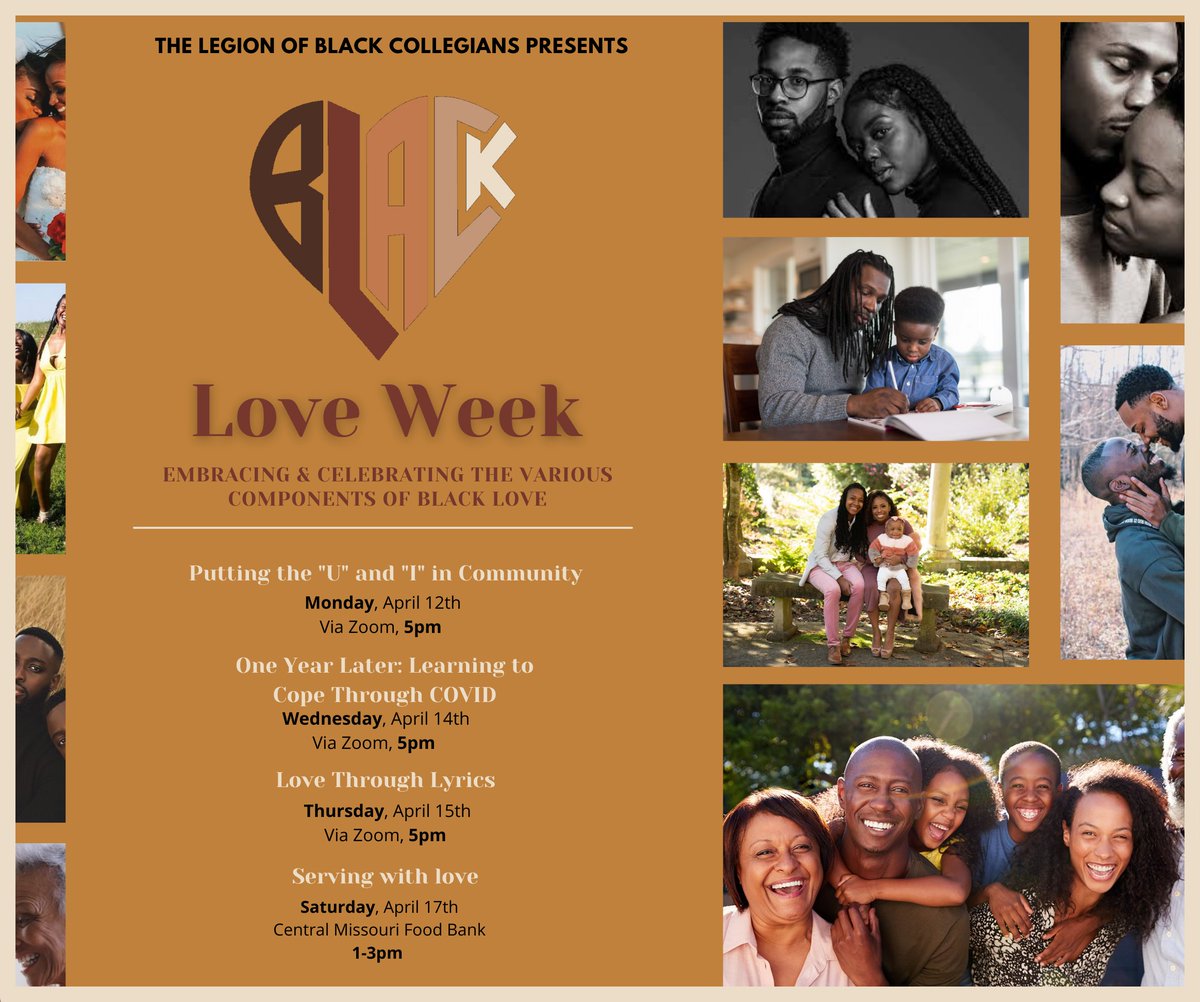 MizzouLBC's tweet photo. The Legion of Black Collegians is excited to present our annual Black Love Week! This year we will be celebrating the various components of Black love. Stay on the look out for the events to come next week. 🖤#BlackLoveWeek2021 #ComponentsOfLove https://t.co/f8KRzr6el8