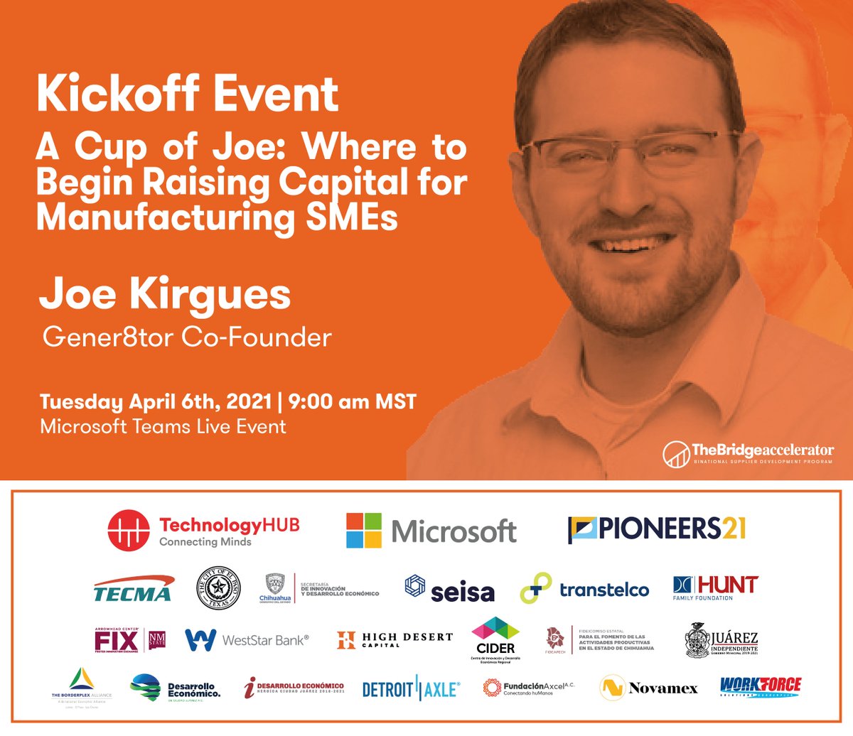 TechHUBjuarez's tweet photo. #TheBridgeAccelerator 4th cohort #Kickoff is TOMORROW🤩!
Join us and meet the companies that'll be #accelerated 🚀through the 2021 Spring program. We'll also have Joe Kirgues Co-founder of @gener8tor as keynote speaker, don't miss out!
Register 📝 FREE: https://t.co/ACrqB5WItB https://t.co/7oyBN5Xl5u