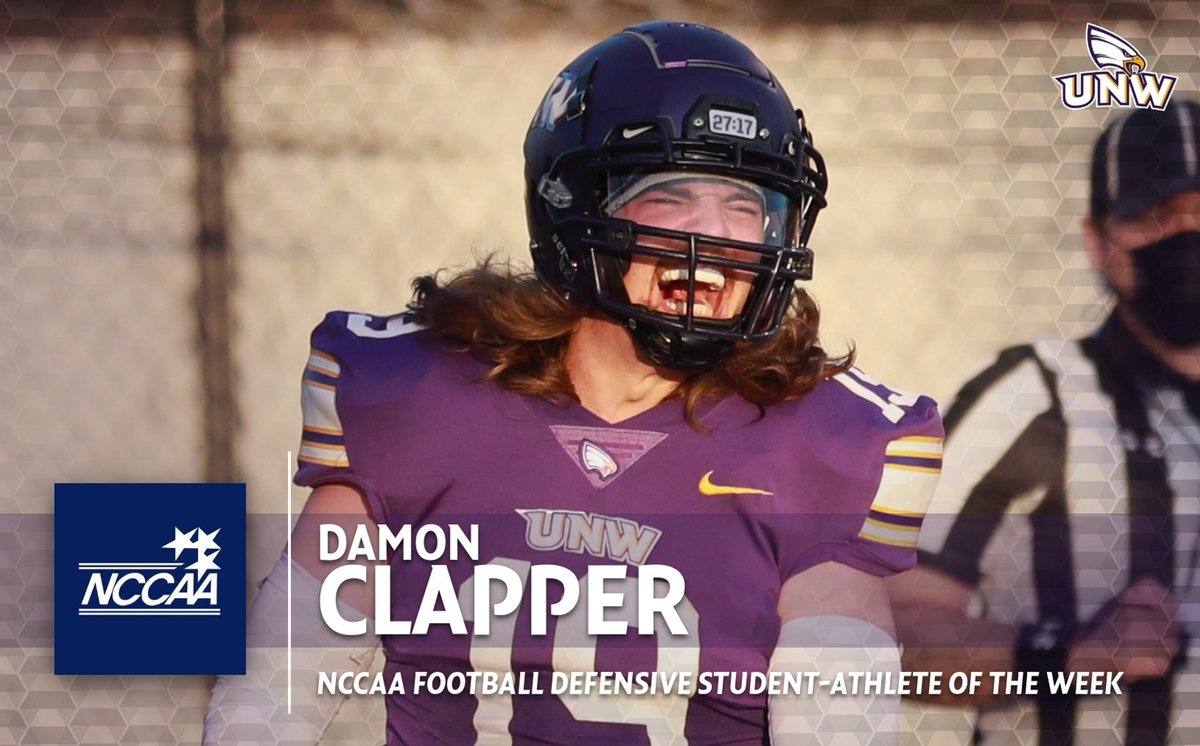 unweagles's tweet photo. Well Deserved! 🏈🎉👏 Damon Clapper has been named @TheNCCAA Football Defensive Student-Athlete of the Week! 🔥 The junior linebacker had six tackles, a rushing touchdown, a blocked extra-point, and two interceptions for @unwfb! 💯 Way to go Damon! 🦅 #CompeteWithPurpose https://t.co/jNP1sXFsUy