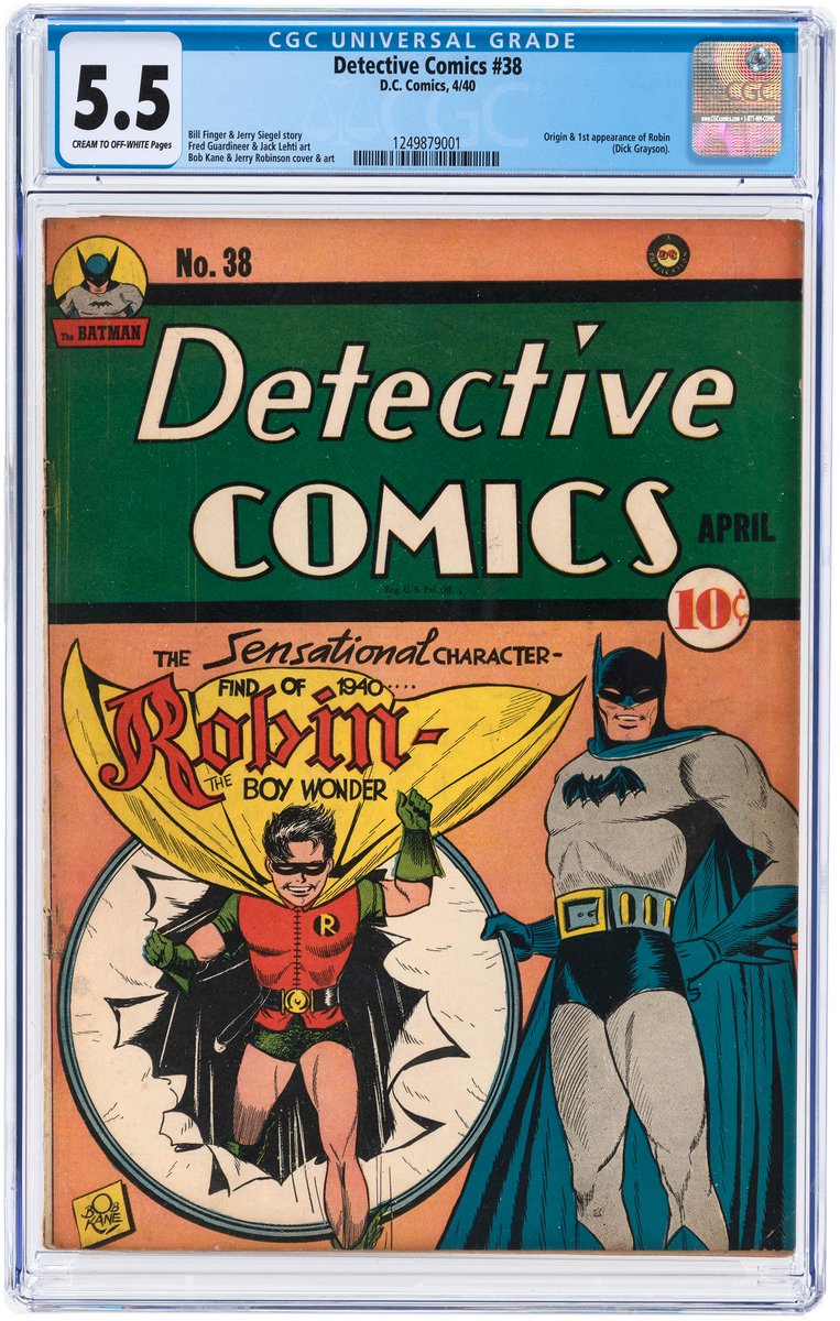 HakesAuctions's tweet photo. SOLD FOR $58,410! @HakesAuctions sells #keybooks every sale, like this #CGC 5.5 copy of #DetectiveComics #38, the debut of #Robin, aka #DickGrayson! Contact us today to sell your #comicbooks! 🦇🦇🦇
#DCComics #Batman #GoldenAgeBatman #holygrail #comiccollection #comiccollector https://t.co/wukLJ8QFUV