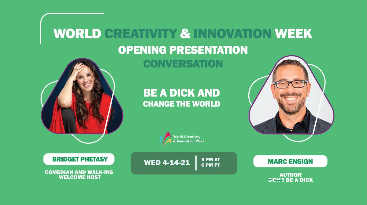 haggertydigital's tweet photo. Be a Dick--that is what @MarcEnsign wants everyone to do. In his conversation with @BridgetPhetasy for the launch of World Creativity and Innovation Week, find out why. 4-14 9PM ET. Register free: https://t.co/F7Ix90vQR0
#IAmCreative #WCIW #Phetasy #Creative #BeADick https://t.co/27tR9aG0kI