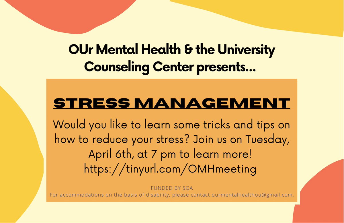 OUr Mental Health (@our_mh) on Twitter photo We know it’s been a stressful semester.... Come join us as we learn from <a href="/ou_counseling/">OU Counseling Center</a> about to handle and reduce stress tomorrow night at 7 pm! We know it’s been a stressful semester.... Come join us as we learn from <a href="/ou_counseling/">OU Counseling Center</a> about to handle and reduce stress tomorrow night at 7 pm!