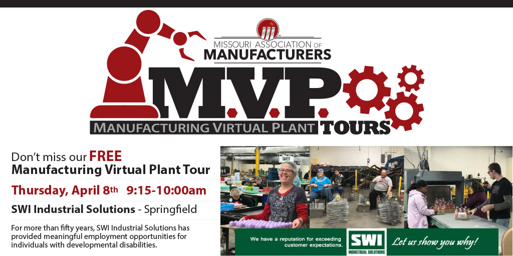 Our Manufacturing Virtual Plant Tours is a great way for Missouri manufacturers to take an inside look at incredible manufacturing operations, beginning April 8 at SWI Industrial Solutions. Thanks to <a href="/cambridgeair/">Cambridge Air Solutions</a>  Register for this FREE event. bit.ly/31KXaW2