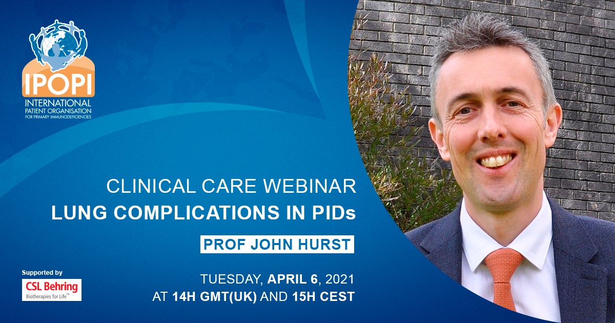 Today at 3PM CEST 🫁 - IPOPI's Webinar on #LungComplications in #primaryimmunodeficiencies - with <a href="/ProfHurst/">John Hurst</a> from <a href="/ucl/">UCL</a>, UK! 
Last chance to register to attend - join in to talk infectious &amp; non-infections issues, warning signs &amp; post #COVID19. 
Register: ipopi.org/ipopi-clinical…