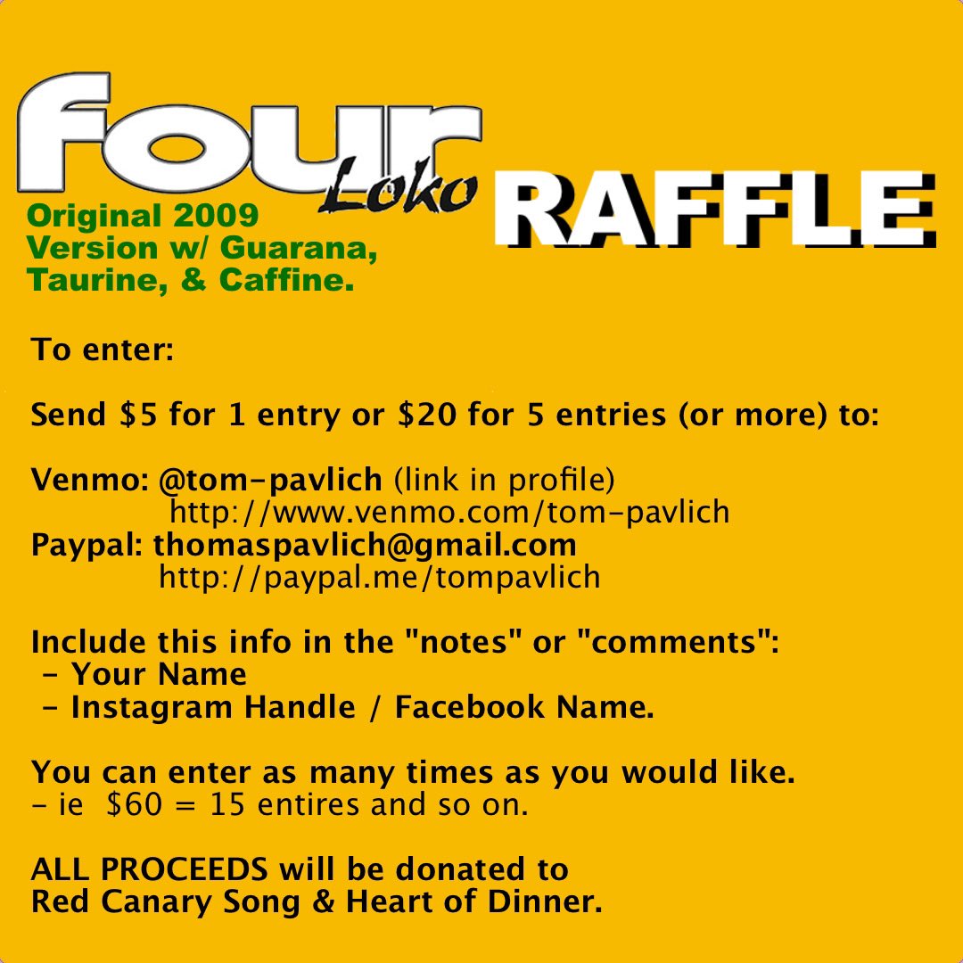 MeanOldTom's tweet photo. OG Four Loko raffle to benefit Red Canary Song &amp; Heart of Dinner.  More deets: https://t.co/yZh7gRmfxa #StopAsianHate #fourloko #StopAAPIHate https://t.co/vZrwy4R5vO