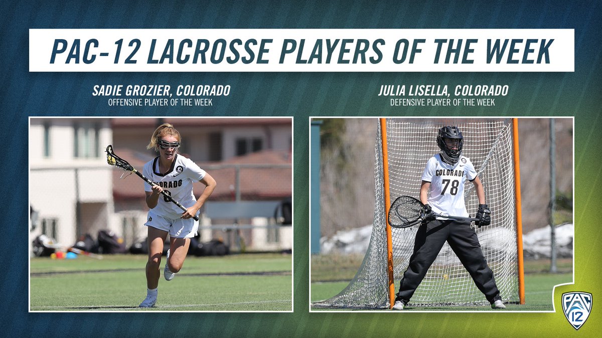pac12's tweet photo. .@CUBuffsWLax sweeps the weekend, and this week’s #Pac12LAX awards! ⤵️

Offensive: Sadie Grozier 🥍
Defensive: Julia Lisella ❌

Full Release ➡️ https://t.co/iOJf53lAZg

#GoBuffs | #BackThePac https://t.co/PpYIt3o8Dp