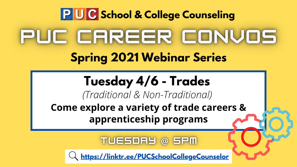 Join us for the upcoming webinar, which will focus on trade careers (Traditional &amp; Non-Traditional)!

linktr.ee/PUCSchoolColle…

Únase a nosotros para el próximo seminario web, que se centrará en las carreras de comercio (tradicionales y no tradicionales)