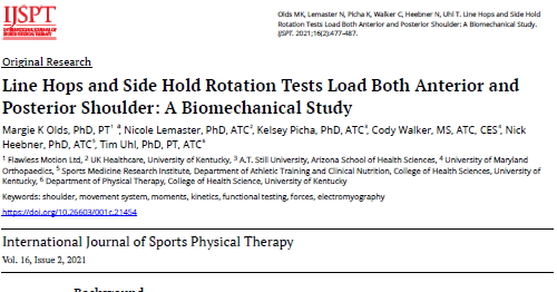 margie_olds's tweet photo. Just published- Biomechanics of 2 SARTS tests. Side hold rotations and line hops load serratus anterior &amp; infraspinatus.  Infraspinatus attenuates posterior shear of humeral head in 90 degrees flexion. I been using these tests as clinical measures of serratus and infra endurance. https://t.co/t6lRpZ0HsB