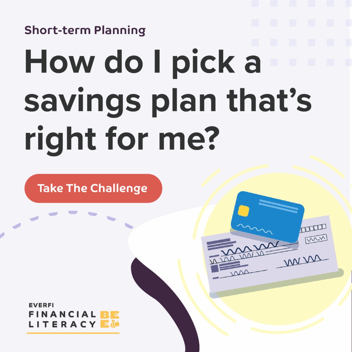 VocalityCCU's tweet photo. Today in the @EVERFI #FinancialLiteracyBee we are learning about different savings vehicles and how financial institutions can help you. Let’s see if you know how to choose a savings plan that is right for you. Get started: https://t.co/2fyCxVqw6z https://t.co/I3zzjWamr5