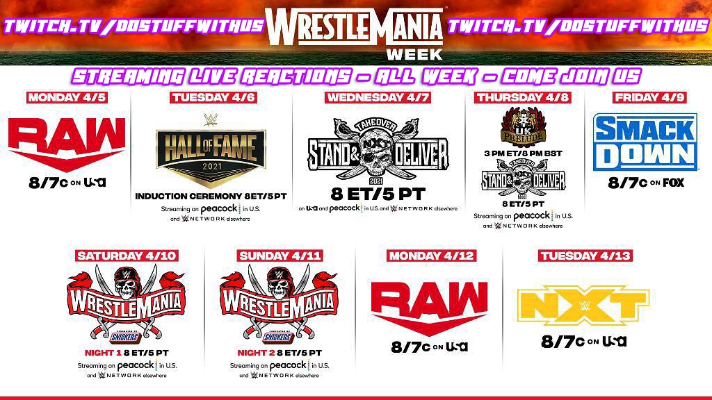 dostuffwithus's tweet photo. WRESTLEMANIA WEEK IS HERE!!! It all begins tonight over on https://t.co/DXLchgvLfO at 8PM EST. #wrestlemania #wwe #wweraw #wrestling #live #twitchstreamer #yes #twitchaffiliate #dostuffwithus #joinus #jointhedostuffcrew https://t.co/TxZR7XFXVs